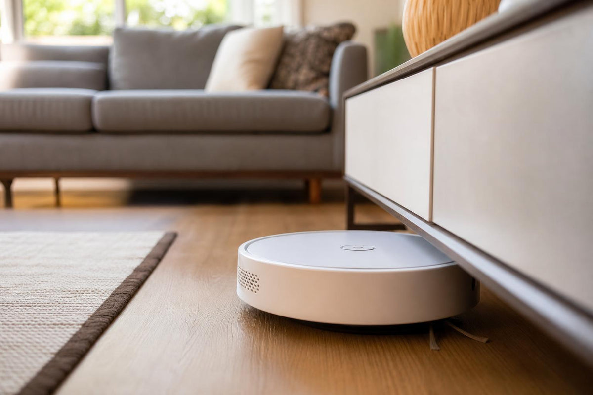 Robot Aspirador VANTRA limpiando bajo un mueble en la sala